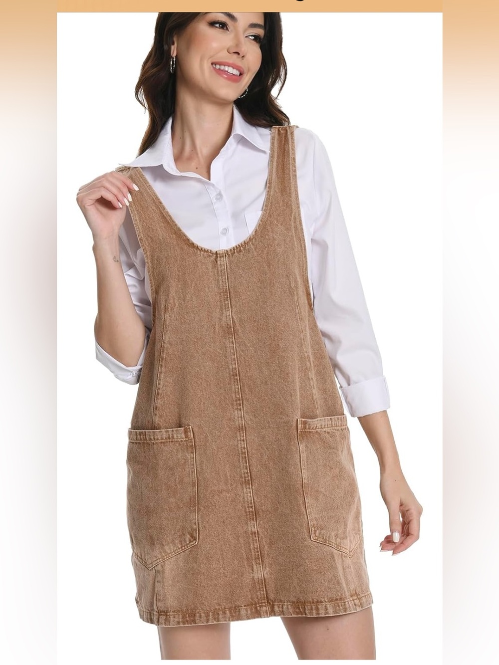 BZB NWOT M Tan Denim Pinafore OVERSIZED JUMPER Dress Front Pockets ADJ STRAPS